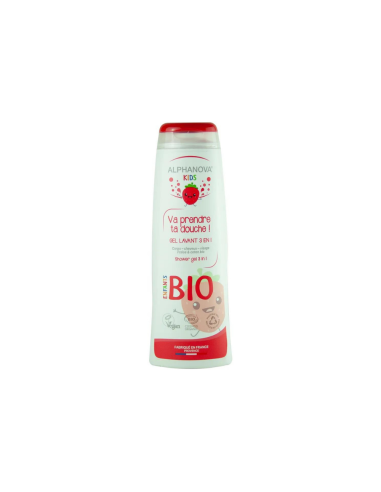 Alphanova Kids - Orgaaniline niisutav puuvillaseemneõli ja kummeliekstraktiga maasikalõhnaline šampoon-dušigeel lastele, 250ml